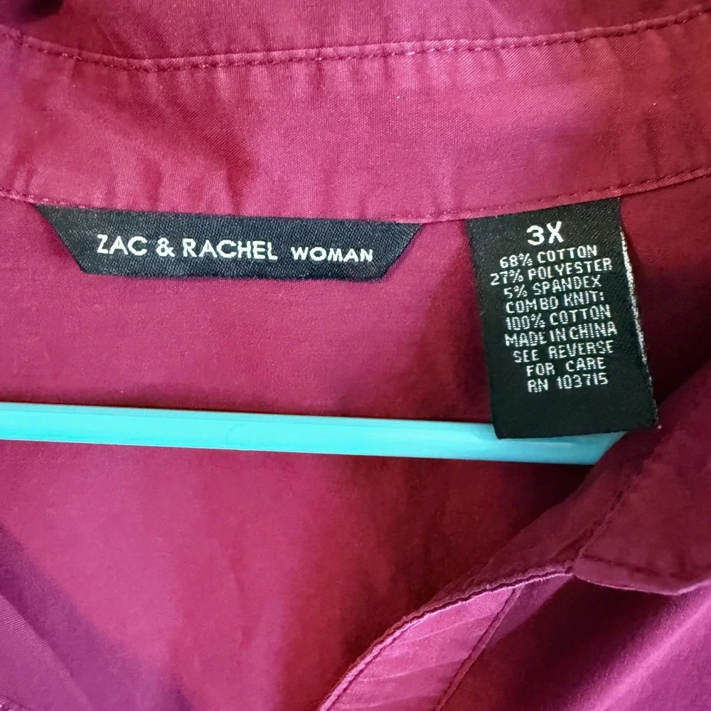 Zac & Rachel Woman Maroon Pintuck Button Down 3/4 Sleeve Blouse Top 3X - Picture 3 of 8